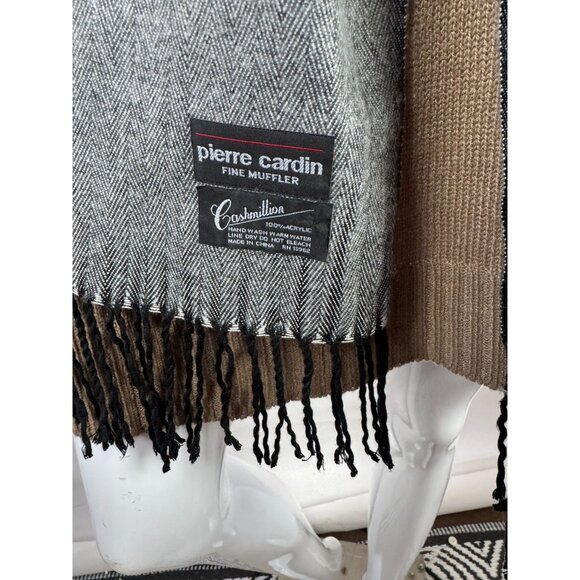 Pierre Cardin Vintage  Fine Muffler Cashmillon Acrylic Scarf W/ Black Fringe Gra - Picture 2 of 10